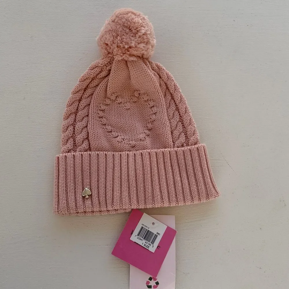 NWT KATE SPADE knit Pom Pom English Rose pink heart beanie winter hat cable os - Picture 6 of 6